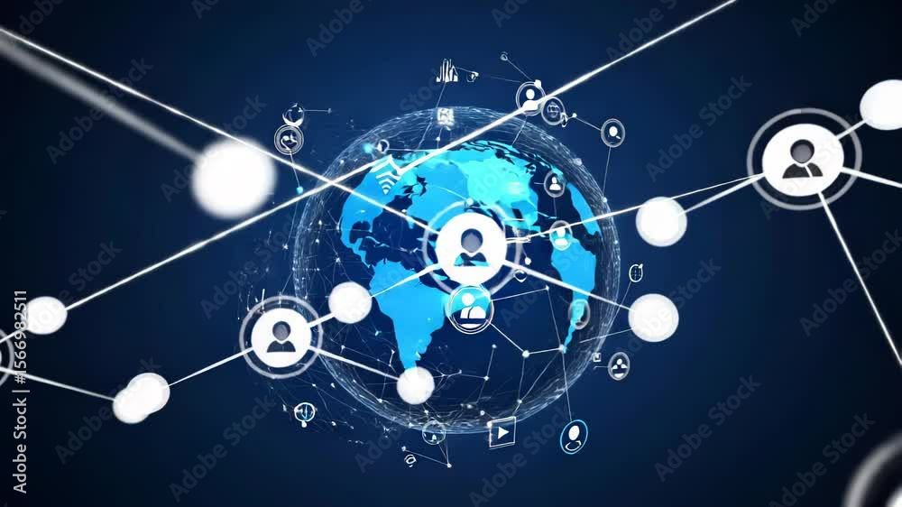 Global network visualization with interconnected nodes representing users and data exchange on a digital earth