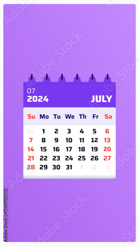 July 2024 calendar. Purple calendar story. 2024 Weekend sunday and saturday style. Monthly planner. Calendar date layout july 2024. Vector illustration