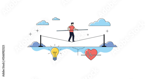 Balancing act on a tightrope representing progress towards goals and well-being concepts