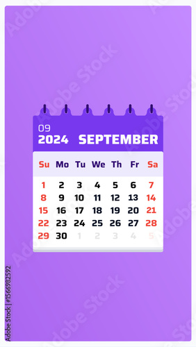 September 2024 calendar. Purple calendar story. 2024 Weekend placed sunday and saturday. Clean format. Monthly calendar view september 2024. Vector illustration