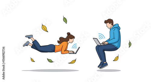 Young adults effortlessly engaging with technology while floating amongst autumn leaves