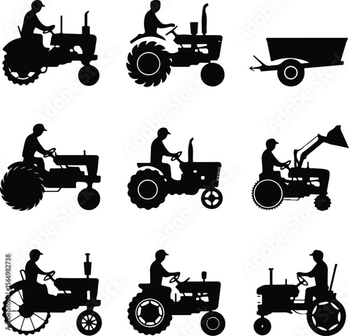 Tractor Driver Icons – Agricultural Black Silhouette Vectors Man Driving Tractor Silhouette Set – Farm Life Icon Collection