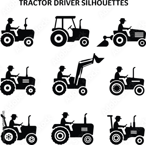 Tractor Driver Icons – Agricultural Black Silhouette Vectors Man Driving Tractor Silhouette Set – Farm Life Icon Collection