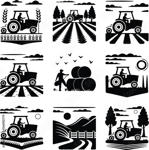 Tractor Driver Icons – Agricultural Black Silhouette Vectors Man Driving Tractor Silhouette Set – Farm Life Icon Collection
