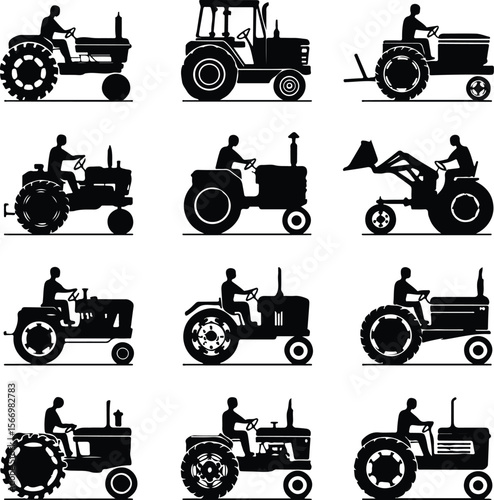 Tractor Driver Icons – Agricultural Black Silhouette Vectors Man Driving Tractor Silhouette Set – Farm Life Icon Collection