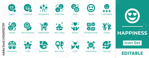 Happiness Icon Set. Features icons of joy, smiling faces, positive emotions, well-being, and celebration. Perfect for wellness, lifestyle, and mental health projects.