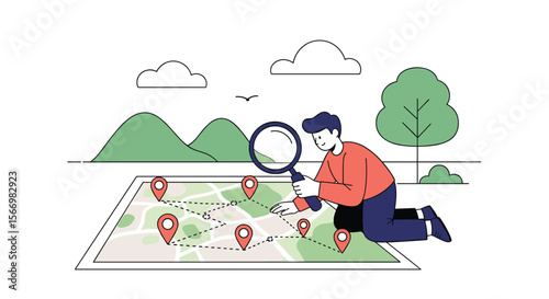 Person with magnifying glass examining map with pin markers and route lines discovering a path