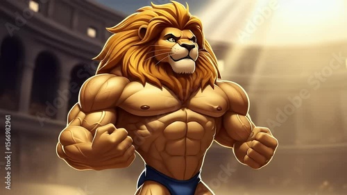 Cartoon lion bodybuilder posing powerfully in heroic arena, perfect for animated sports content