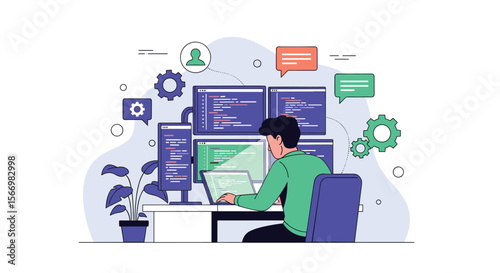 A software developer diligently works on a complex coding project in a modern office environment surrounded by technology and plants