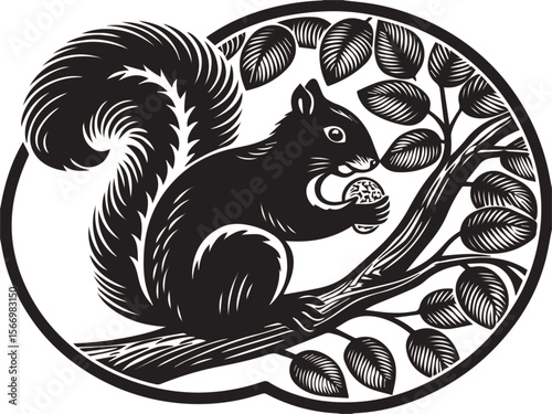 Squirrel in Leafy Circle Design Playful Squirrel with Leaves Decorative Circlesquirrel with nut
