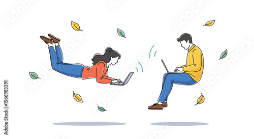 Two people levitating while connecting with technology and surrounded by falling leaves