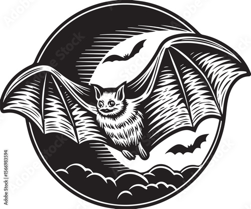 Flying Bat in Dark Night Circle Emblem Bat with Open Wings in Circle