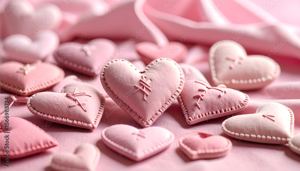 Fototapeta premium Cute stitched hearts over soft fabric texture in pink tones create charming and cozy atmosphere, perfect for expressing love and affection