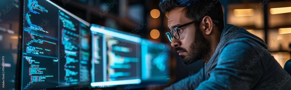 Fototapeta premium Focused Programmer Working Late Software Development & Coding