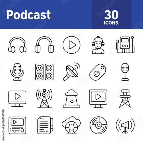 Podcast icon set with audio recording accessories showcases modern minimalist line art style