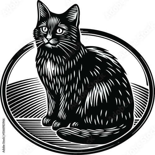 Elegant Sitting Cat in Engraved Style black cat on a white background