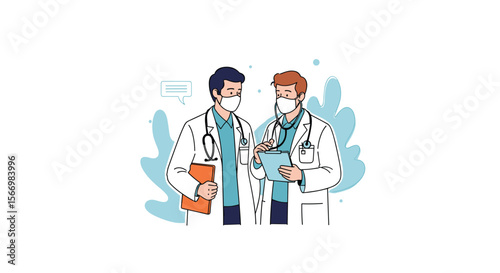 Two medical professionals wearing stethoscopes and face masks discussing patient care and health