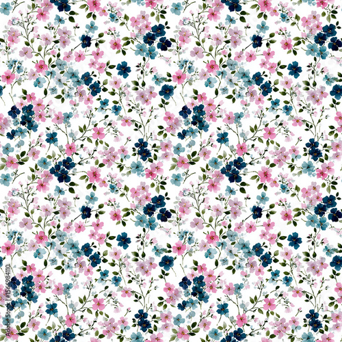 Watercolor floral pattern, pastel colors, simple design, white background, cute flowers and leaves, small flowers