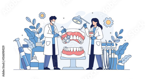 Dental professionals examining a set of teeth and dental equipment for scientific research and oral health development