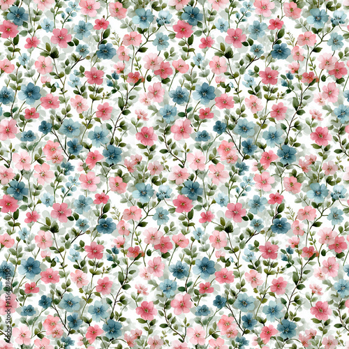 Watercolor floral pattern, pastel colors, simple design, white background, cute flowers and leaves, small flowers