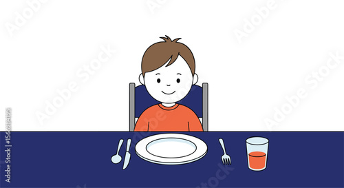 Young child sitting at table ready for meal with plate cutlery and drink