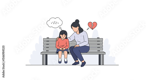 Mother comforting sad crying child daughter sitting on a park bench after argument or problem
