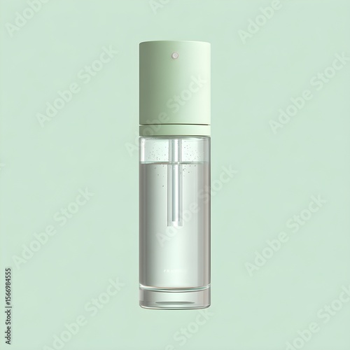 Floating face mist spray bottle with transparent label and clean cylindrical form, centered on pastel mint background