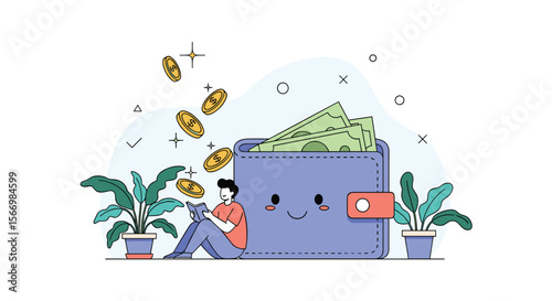 Illustration of a person sitting beside a large wallet filled with cash and coins surrounded by plants and falling currency symbolizing financial prosperity and savings management