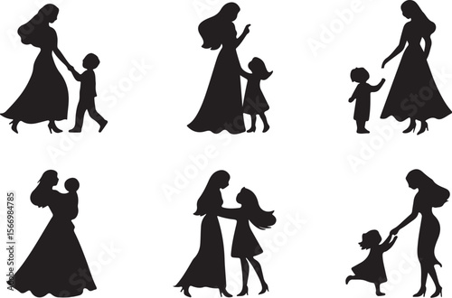 Mother child silhouettes embracing walking dancing daughter family