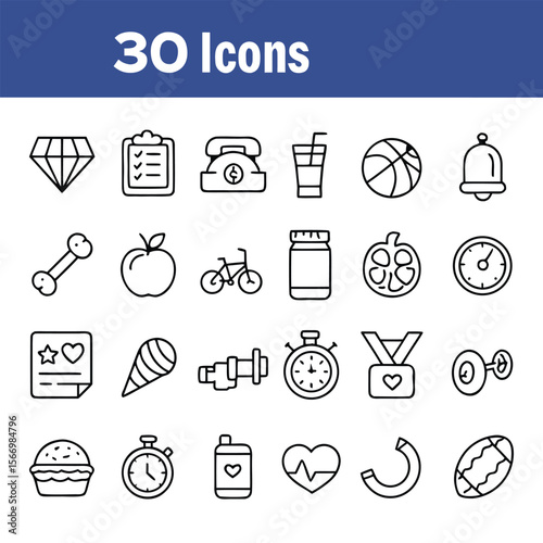 Thirty outline icons display various objects and concepts on a white transparent background