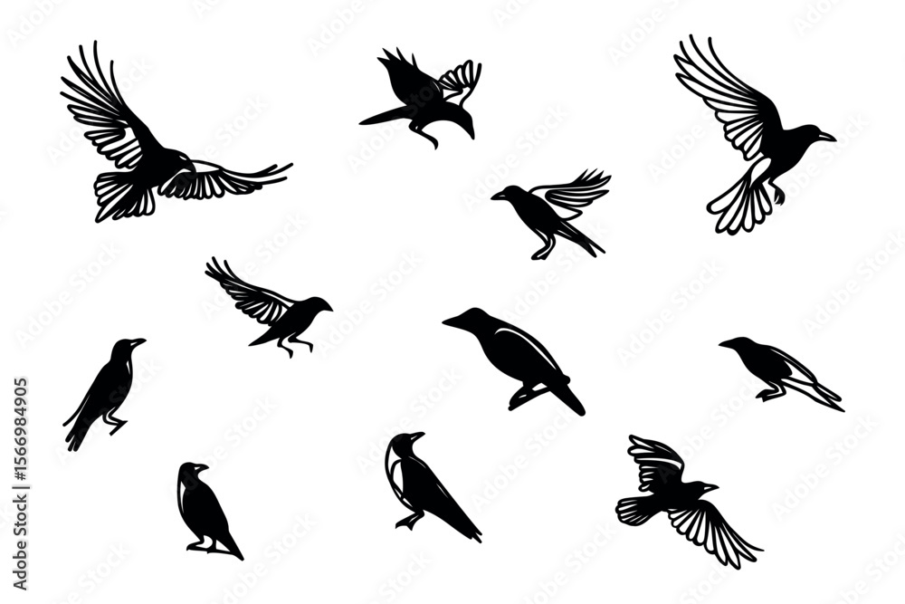 Obraz premium Crow black silhouettes set. bird silhouettes