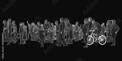 A 3D wireframe crowd stands in a line with one person holding a bicycle against a dark mysterious background. The geometric figures create an abstract futuristic silhouette.