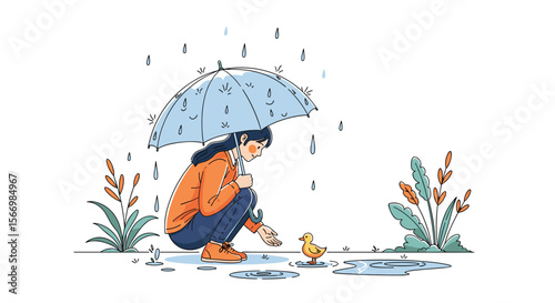 A kind person sheltering a small duckling under a blue umbrella during a gentle rain shower