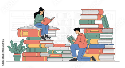 Two people enjoy reading surrounded by stacks of colorful books creating a serene atmosphere of learning and knowledge discovery