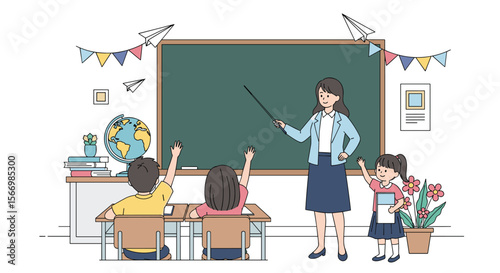 Teacher leading interactive classroom lesson engaging students with questions and hands raised eagerly learning