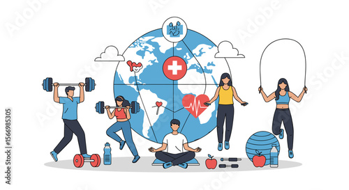 Global health and fitness community embracing healthy lifestyles through exercise and well-being activities worldwide