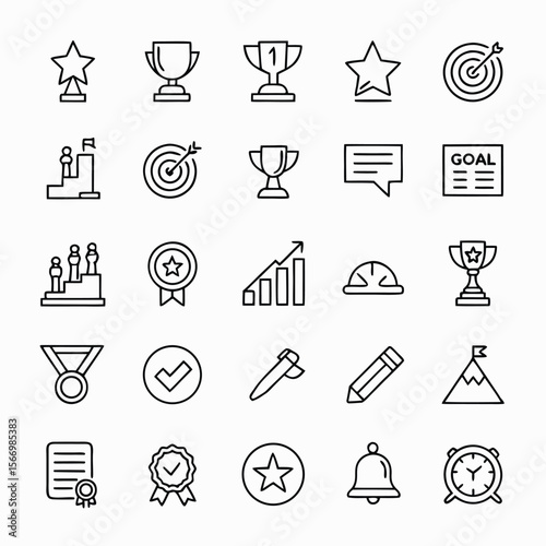 Various black line icon depicts achievement, goal, and progress, transparent background showcases each symbol