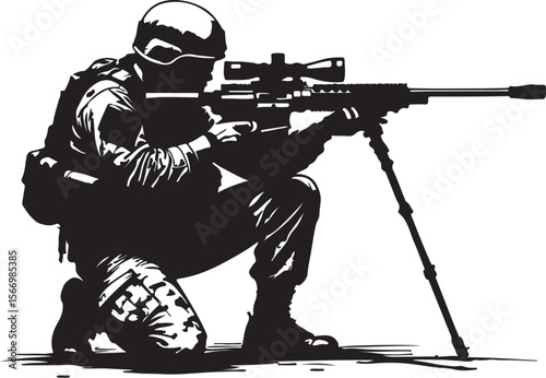 Soldier aiming sniper rifle with bipod vector