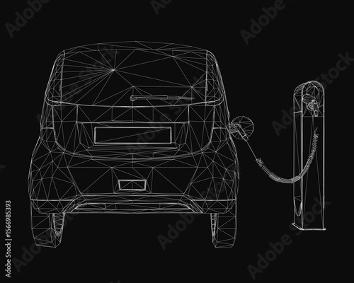 An electric car charges at a sleek charging station on a black background, rendered in a futuristic wireframe style. The minimalist design highlights modern technology and clean energy.