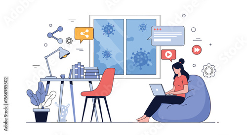 Freelancer working from home during a global pandemic with virus symbols visible through the window illustrating the current health crisis affecting the world economy