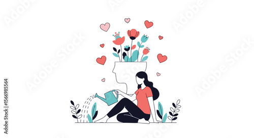Person watering plants and flowers with hearts floating upwards symbolizing growth and positive emotions
