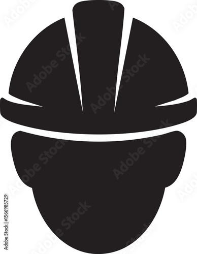 Black And White Vector Illustration Of Construction Worker Head Wearing Safety Hard Hat Representing Protection Industry And Engineering


