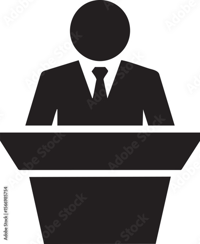Black And White Vector Illustration Of Speaker Standing At Podium Representing Public Speaking Presentation Leadership And Conference

