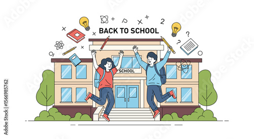 Excited students celebrating their return to school jumping with joy in front of the school building illustration