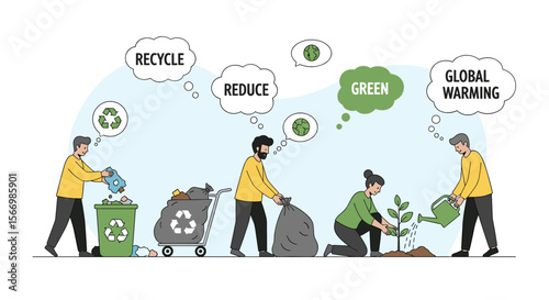 People taking action for a greener planet and fighting global warming through recycling reducing and planting trees