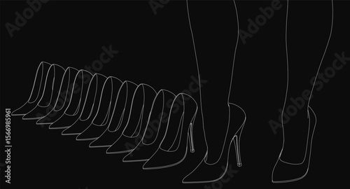 High-heeled shoes adorn slender female legs in a sleek line drawing against a dark background. The minimalist illustration emphasizes elegance and style with clean contours and striking contrast.