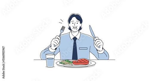 Business professional enjoying a delicious meal with utensils ready for dining pleasure and refreshment