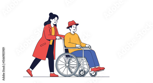Caring helper assisting an elderly person in a wheelchair outdoors with kindness and support promoting independence and mobility for all individuals