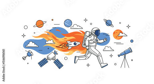 Astronaut running through space with a jetpack and planets in the background