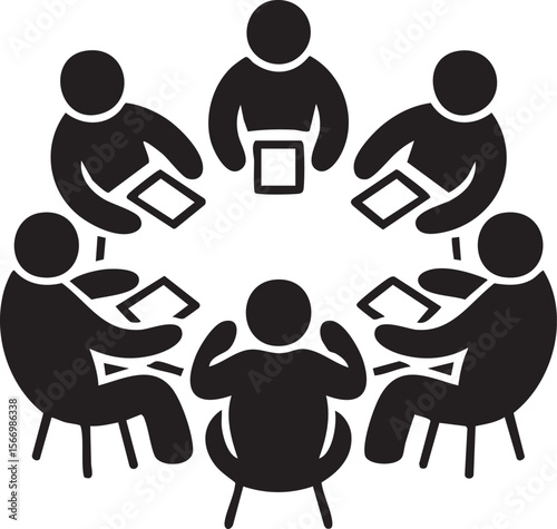 Black And White Vector Illustration Of Business Team Meeting Around Round Table Representing Collaboration Discussion Planning And Strategy


